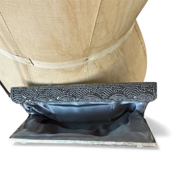 Vintage Jerome’s Black Gray Beaded Clutch Art Deco Evening Bag Formal 20" Chain - Picture 5 of 8